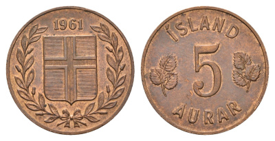 Исландия 5 эйре 1961 KM 9 бронза aUNC 4592-1056