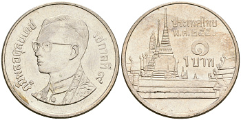 Таиланд 1 бат 2007 BE 2550, Рама IX (1946-2016), королевский дворец KM 183 медно-никель 4364-3336