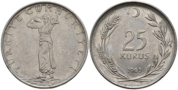 Турция 25 курушей 1969 KM 892.3 нержавеющая сталь 4156-816