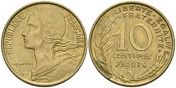 Франция 10 сантимов 1967 тип Morlon KM 929, LE FRANC 144.7 медь алюминий никель 4575-155