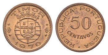 Португальский Тимор 50 сентаво 1970 год-тип KM 18 бронза UNC 4679-644
