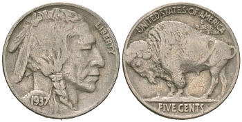 США 5 центов 1937 индеец, бизон KM 134 медно-никель 4602-623