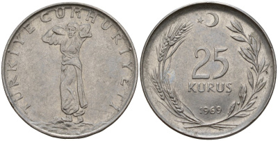 Турция 25 курушей 1969 KM 892.3 нержавеющая сталь 4156-816