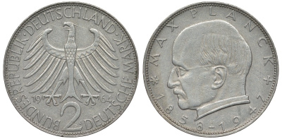 ФРГ 2 марки 1964 J, Макс Планк KM 116,  J. 392 медно-никель плакированный никелем 4681-733