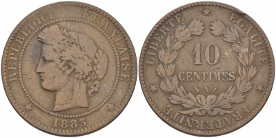 ФРАНЦИЯ 10 САНТИМОВ 1885 A, ТРЕТЬЯ РЕСПУБЛИКА (1871-1940) KM 815.1, LA FRANC 135.29 бронза 97-941