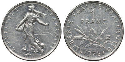 Франция 1 франк 1976 сеятель KM 925.1, Le Franc 226.21 никель 4128-432