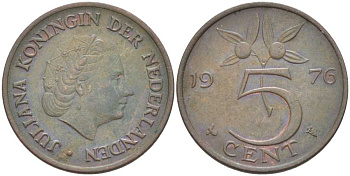 Нидерланды 5 центов 1976 Юлиана (1949-1980) KM 181 бронза 213-1134