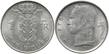БЕЛЬГИЯ 1 ФРАНК 1975 BELGIQUE KM 142.1 медно-никель 65-1132