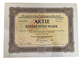 Германия акция на 1000 марок 1922 энергоснабжающей компании Neckarwerke Aktiengesellschaft in Esslingen (Esslingen am Neckar) бумага 5555-2