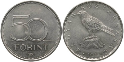 ВЕНГРИЯ 50 ФОРИНТОВ 1995 ПТИЧКА KM 697 латунь плакированная медно-никелем UNC 181-751