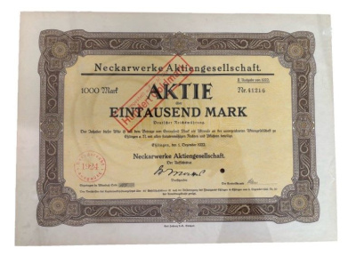 Германия акция на 1000 марок 1922 энергоснабжающей компании Neckarwerke Aktiengesellschaft in Esslingen (Esslingen am Neckar) бумага 5555-2