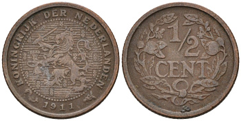 Нидерланды 1/2 цента 1911 Вильгельмина (1890-1948) KM 138 бронза 4576-343
