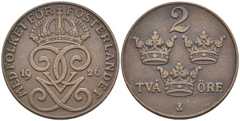 Швеция 2 эре 1926 Густав V (1907-1950) KM 778 бронза 119-1014