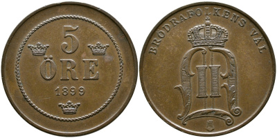 Швеция 5 эре 1899 Оскар II (1872-1907) король Швеции и Норвегии KM 757 бронза 54-1343