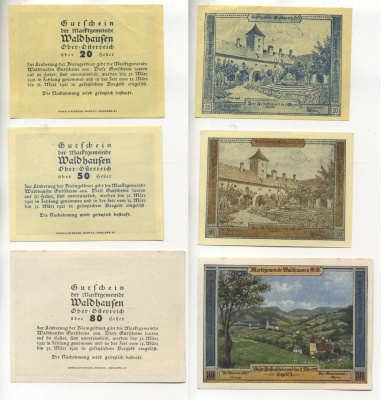 Австрия набор из 3 банкнот 1921 15 марта 1921-31 марта 1921, нотгельд, 20, 50, 80 геллеров, MALDHAUSEN   бумага  XF 7555-12-1-1