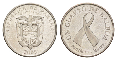 Панама 1/4 бальбоа (25 сентесимо) 2008 Рак молочной железы KM 137 медь плакированная медно-никелем UNC 4642-722