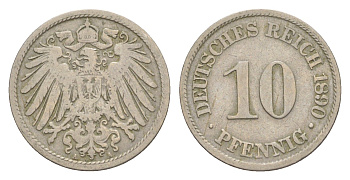 Германия 10 пфеннигов 1890 A, Вильгельм II (1888-1918) KM 12, J. 13 медно-никель 4640-225