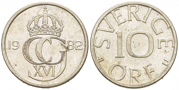 Швеция 10 эре 1982 U, Карл XVI Густав (1973- ) KM 850 медно-никель 3955-347