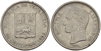 Венесуэла 50 сентимо 1965 Симон Боливар KM 41, Schon 51 никель 66-936