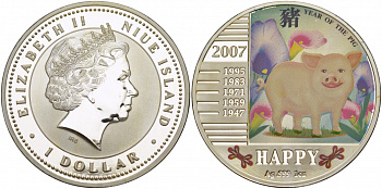 Ниуэ 1 доллар 2007 год Свиньи, счастливый, цветная эмаль KM NEW серебро PROOF 1066-3-44