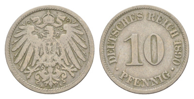 Германия 10 пфеннигов 1890 A, Вильгельм II (1888-1918) KM 12, J. 13 медно-никель 4640-225