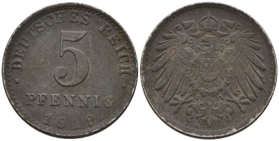 Германия 5 пфеннигов 1919 A KM 19, J. 297 железо 4151-626