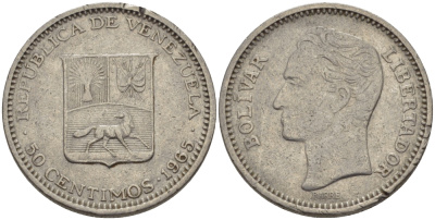 Венесуэла 50 сентимо 1965 Симон Боливар KM 41, Schon 51 никель 66-936