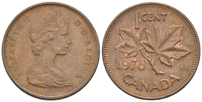 Канада 1 цент 1976 Елизавета II (1952-2022), кленовый лист KM 59.1 бронза 4609-949
