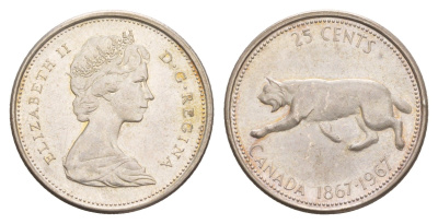 Канада 25 центов 1967 пума, 100 лет Конфедерации Канада, Ссеребро 0.800, вес 5,83 гр, диаметр 23,88 мм KM 67 серебро 4654-957