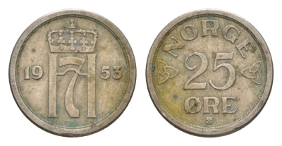 Норвегия 25 эре 1953 Хокон VII (1905-1957) KM 401 медно-никель 4632-1228