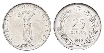Турция 25 курушей 1969 KM 892.3 нержавеющая сталь 4706-1126