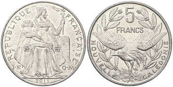 Французская Новая Каледония 5 франков 2011 птица кагу, (IEOM) KM 16, Schoen 12, Lec 81k алюминий 4111-1113