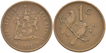 ЮАР 1 цент 1971 герб, капские воробьи KM 82 бронза 3309-613