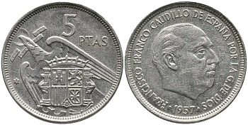 Испания 5 песет 1957 (75) Франциско Франко (1939-1975) KM 786 медно-никель 110-947