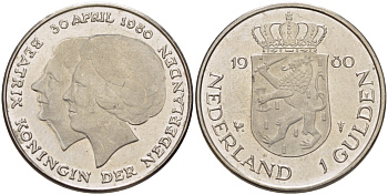 Нидерланды 1 гульден 1980 на коронацию Беатрикс, 30 апреля 1980 KM 200 никель 31-851