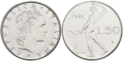ИТАЛИЯ 50 ЛИР 1982 R КУЗНЕЦ KM 95.1 сталь 186-257