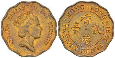 Гонконг 20 центов 1991 Елизавета II (1952-2022) KM 59 никель латунь 4124-764