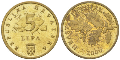 Хорватия 5 лип 2009 нечетный год KM 5 сталь плакированная латунью  aUNC  4124-957