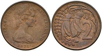 Новая Зеландия 2 цента 1971 Елизавета II (1952-2022), два цветка каухаи KM 32.1 бронза 4364-3666