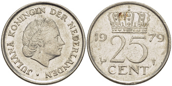 Нидерланды 25 центов 1979 Юлиана (1949-1980) KM 183 никель 4392-511