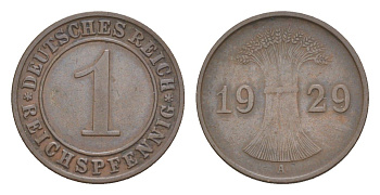 Германия 1 рейхспфенниг 1929 A KM 37, J. 313 бронза 4644-1041