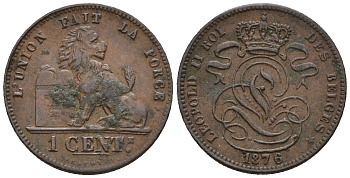 Бельгия 1 сантим 1876 Belges, Леопольд II (1865-1909) KM 33.1 медь 220-752