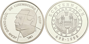 Люксембург 500 франков 1998 1300 лет коммуне Эхтернах KM 73 серебро PROOF 06-256-13