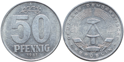 ГДР 50 пфеннигов 1981 A КМ 12.2 алюминий 261-1346