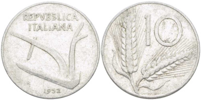 ИТАЛИЯ 10 ЛИР 1952 R, ПЛУГ, КОЛОСЬЯ KM 93 алюминий 175-336