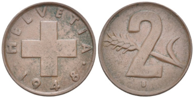 Швейцария 2 раппена 1948 В KM 47 бронза 4576-917