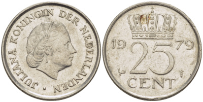 Нидерланды 25 центов 1979 Юлиана (1949-1980) KM 183 никель 4392-511