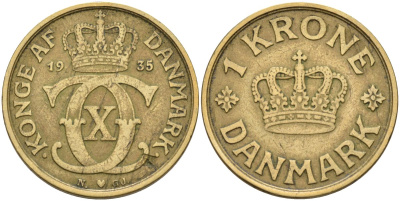 Дания 1 крона 1935 Кристиан X (1912-1947) KM 824 алюминиевая бронза 4591-953