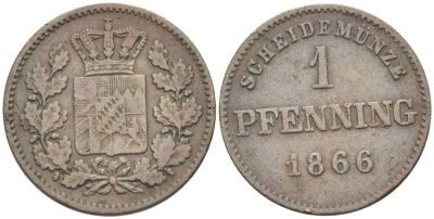 Бавария 1 пфенниг 1866 Людвиг II (1864-1886) КМ 471, AKS 185 медь 201-252