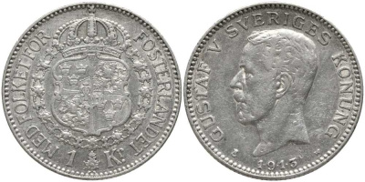 Швеция 1 крона 1913 1.9.1.3 W, Густав V (1907-1950) КМ 786.1 серебро 202-532